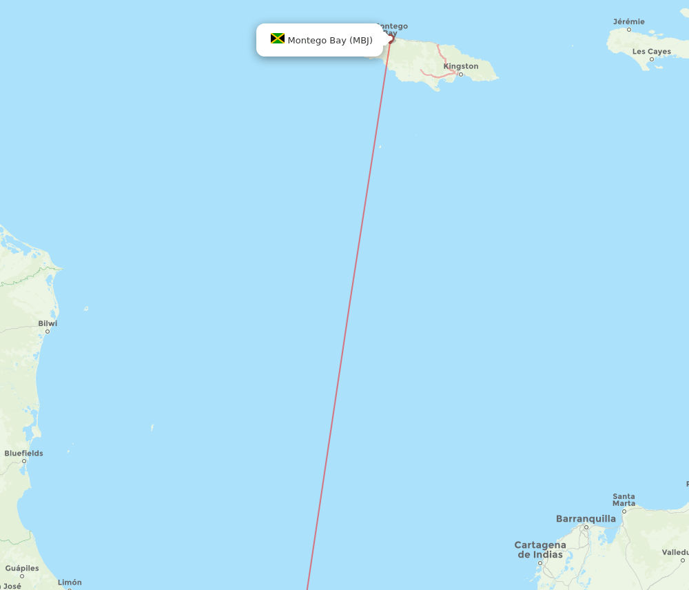 Panama City - Montego Bay route map and flight paths