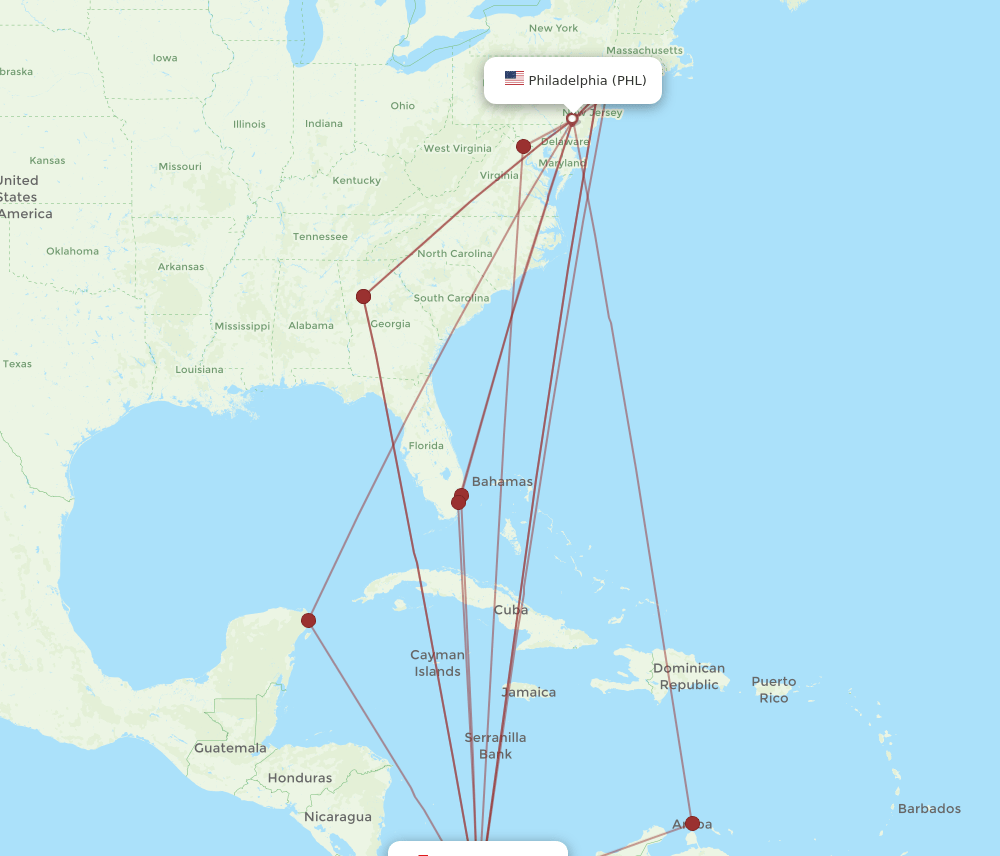 PTY-PHL flight routes