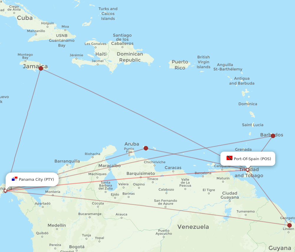 PTY-POS flight routes