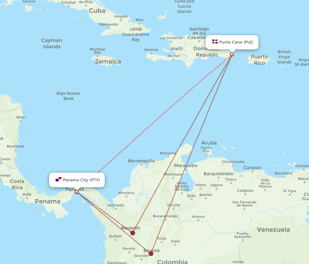 PTY to PUJ flights and routes map