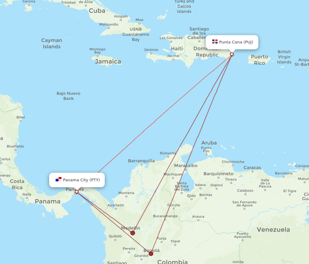 PTY to PUJ flights and routes map