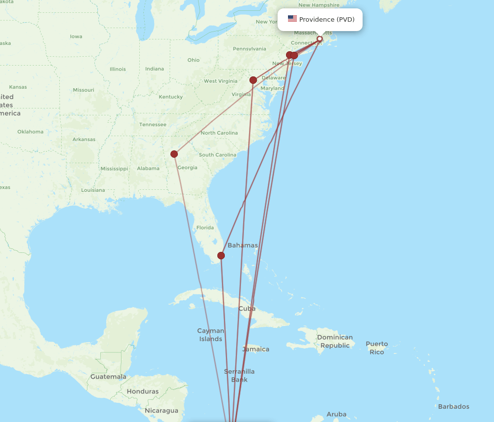 PTY to PVD flights and routes map
