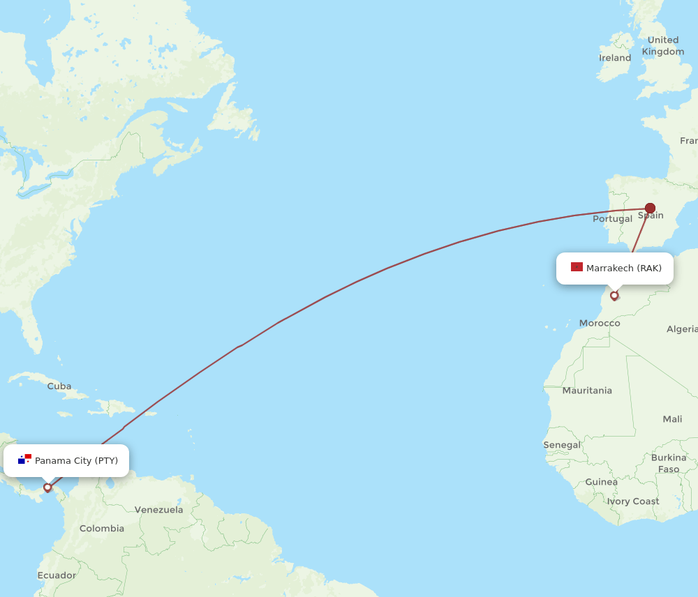 PTY to RAK flights and routes map