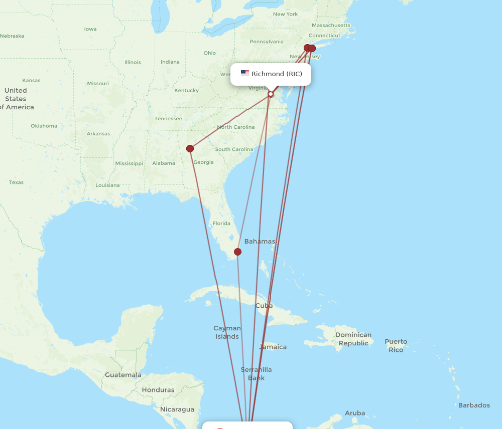 PTY-RIC flight routes