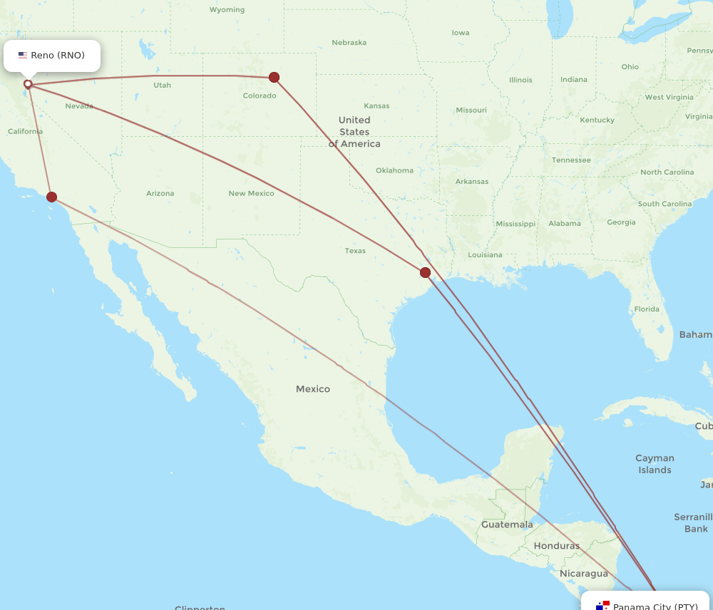 PTY-RNO flight routes