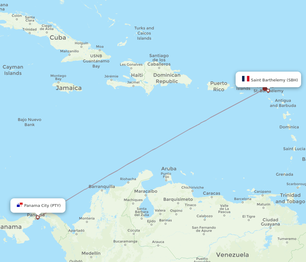 PTY to SBH flights and routes map