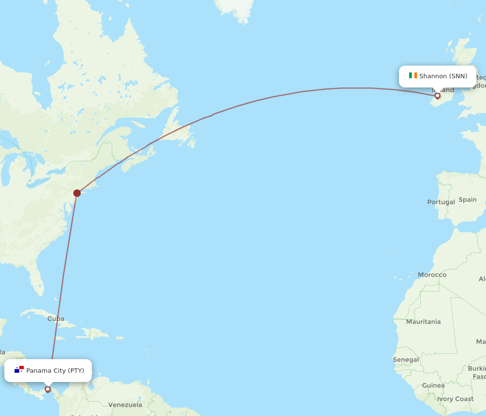 Shannon - Panama City route map and flight paths