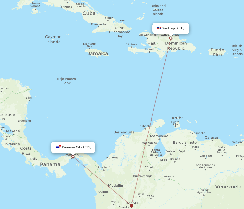 Panama City - Santiago route map and flight paths