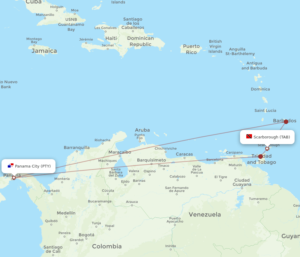 PTY-TAB flight routes