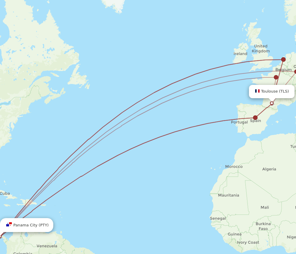PTY to TLS flights and routes map