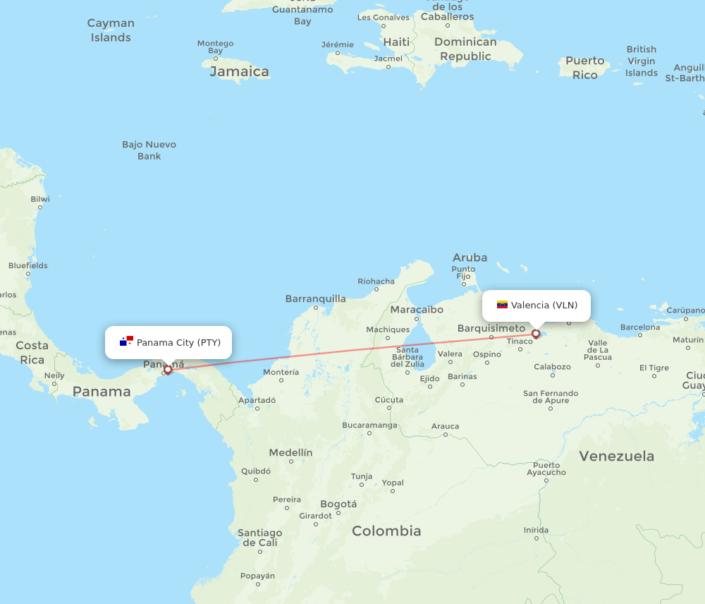 Panama City - Valencia route map and flight paths