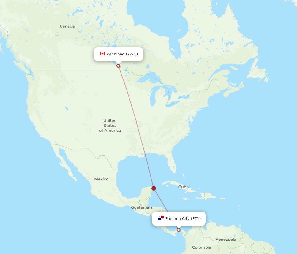 PTY-YWG flight routes