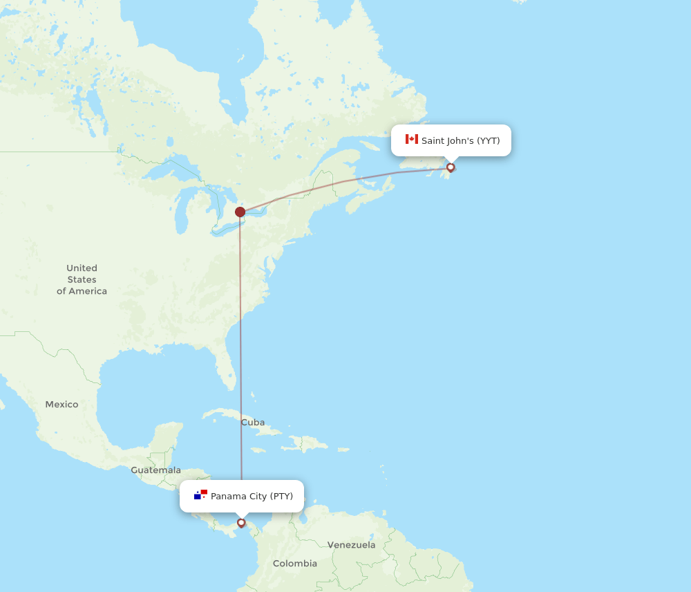 St. John's - Panama City route map and flight paths