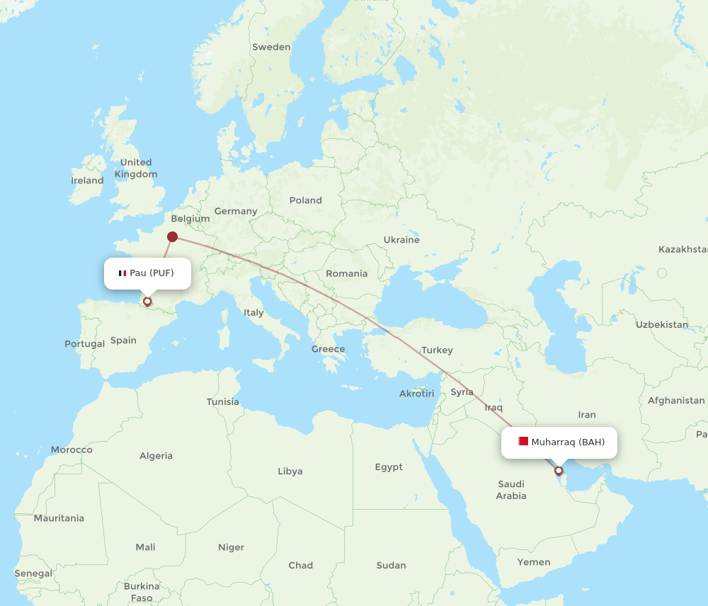Bahrain - Pau route map and flight paths