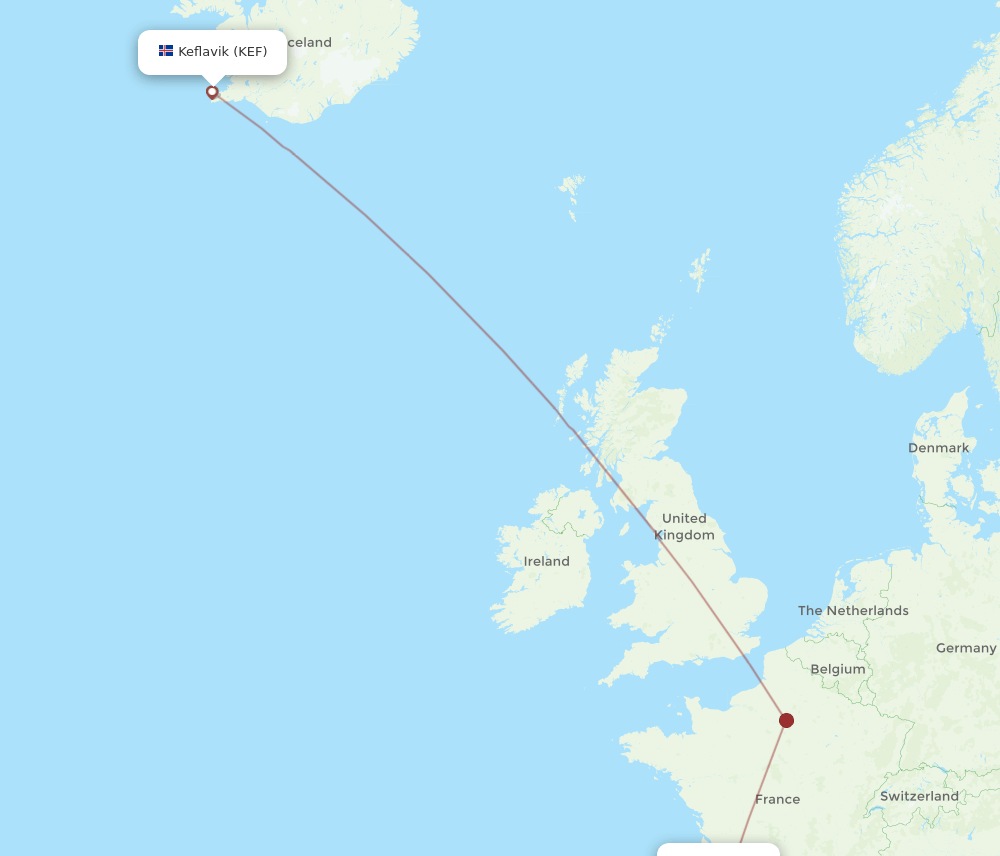Pau - Reykjavik route map and flight paths