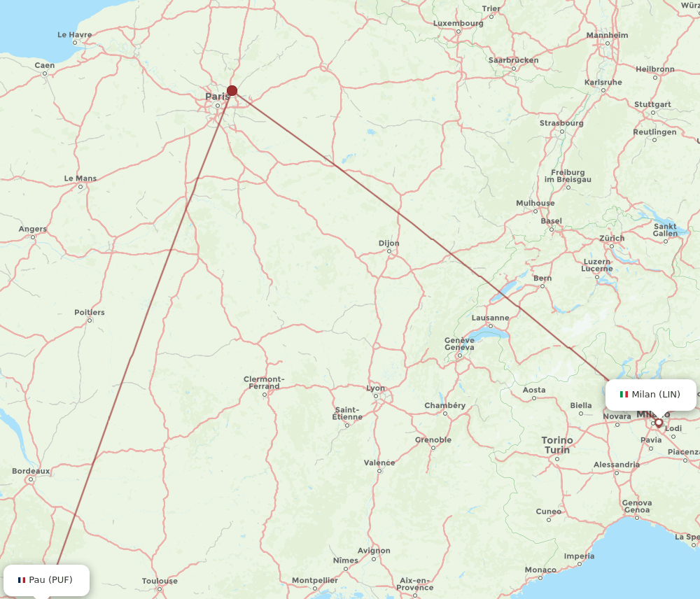 Milan - Pau route map and flight paths