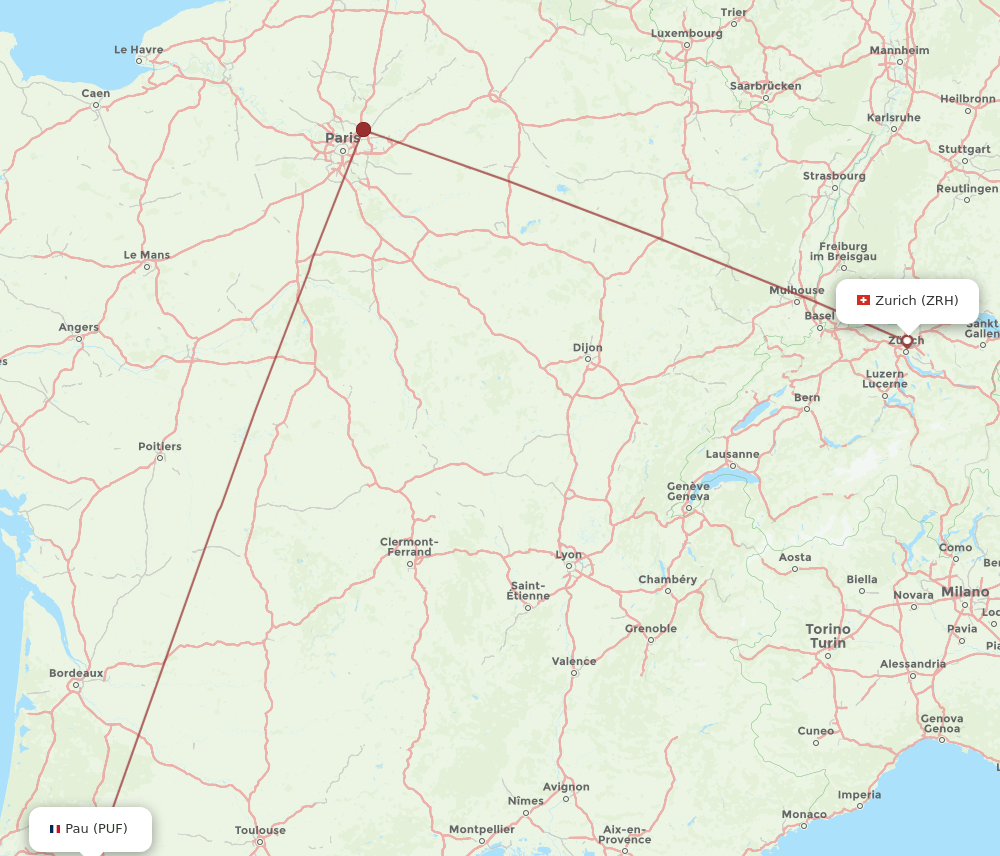 Zurich - Pau route map and flight paths