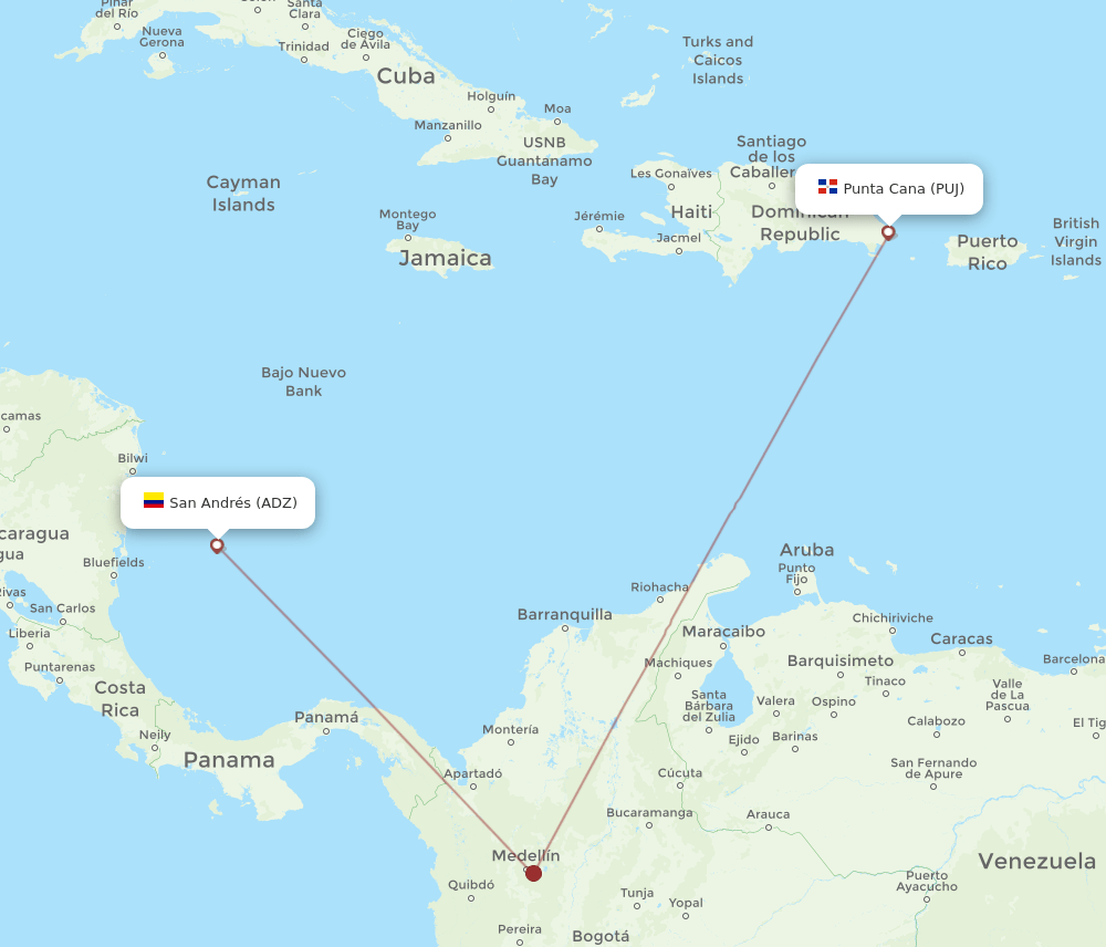 PUJ to ADZ flights and routes map