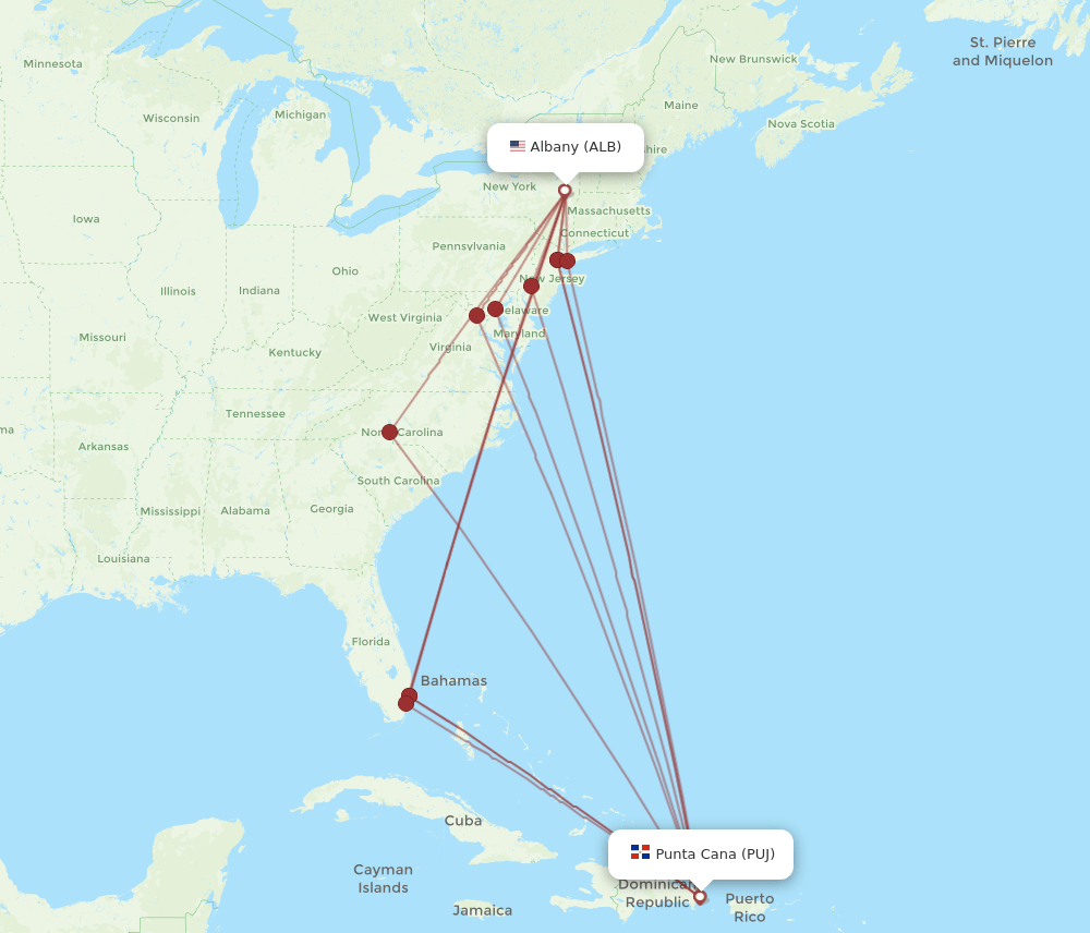 PUJ-ALB flight routes