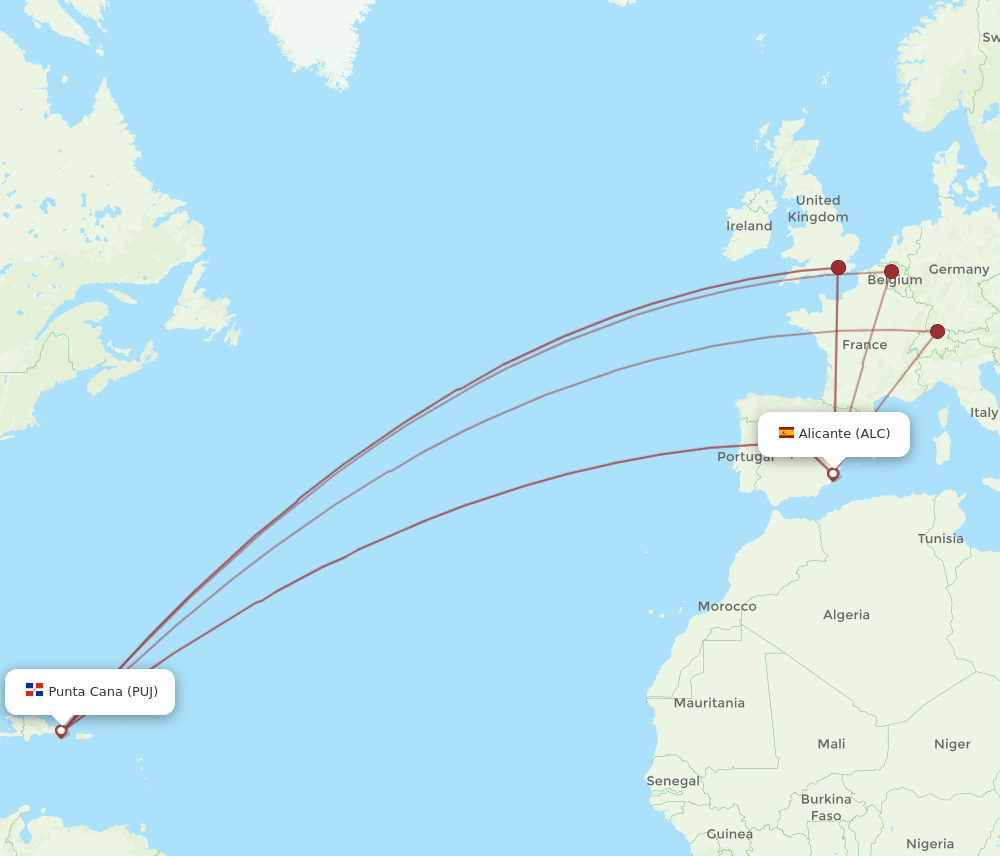 PUJ-ALC flight routes
