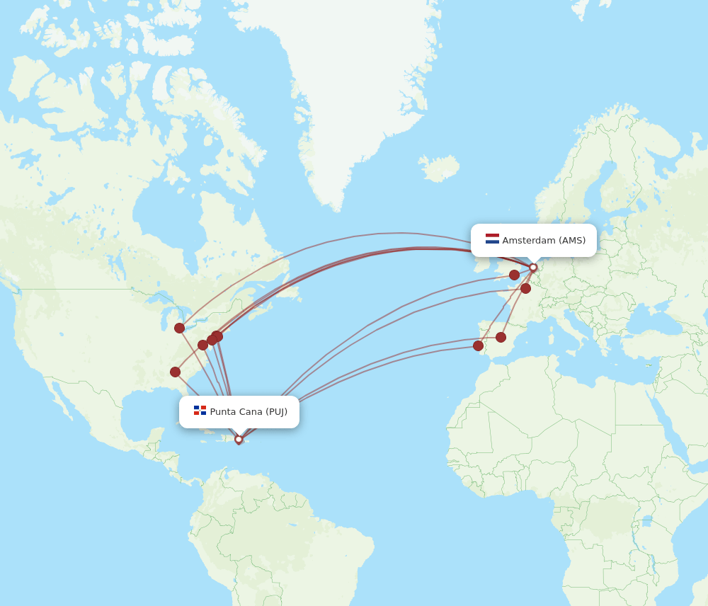 PUJ-AMS flight routes