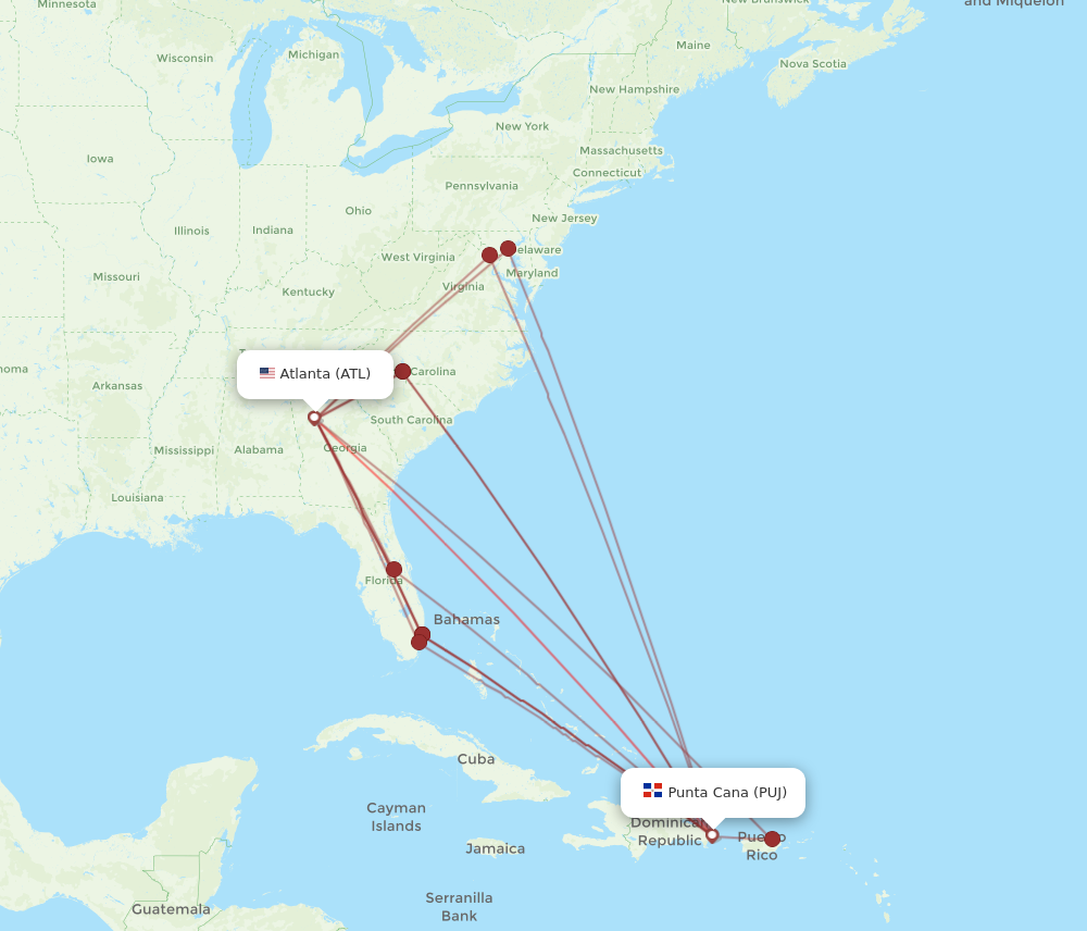 PUJ to ATL flights and routes map