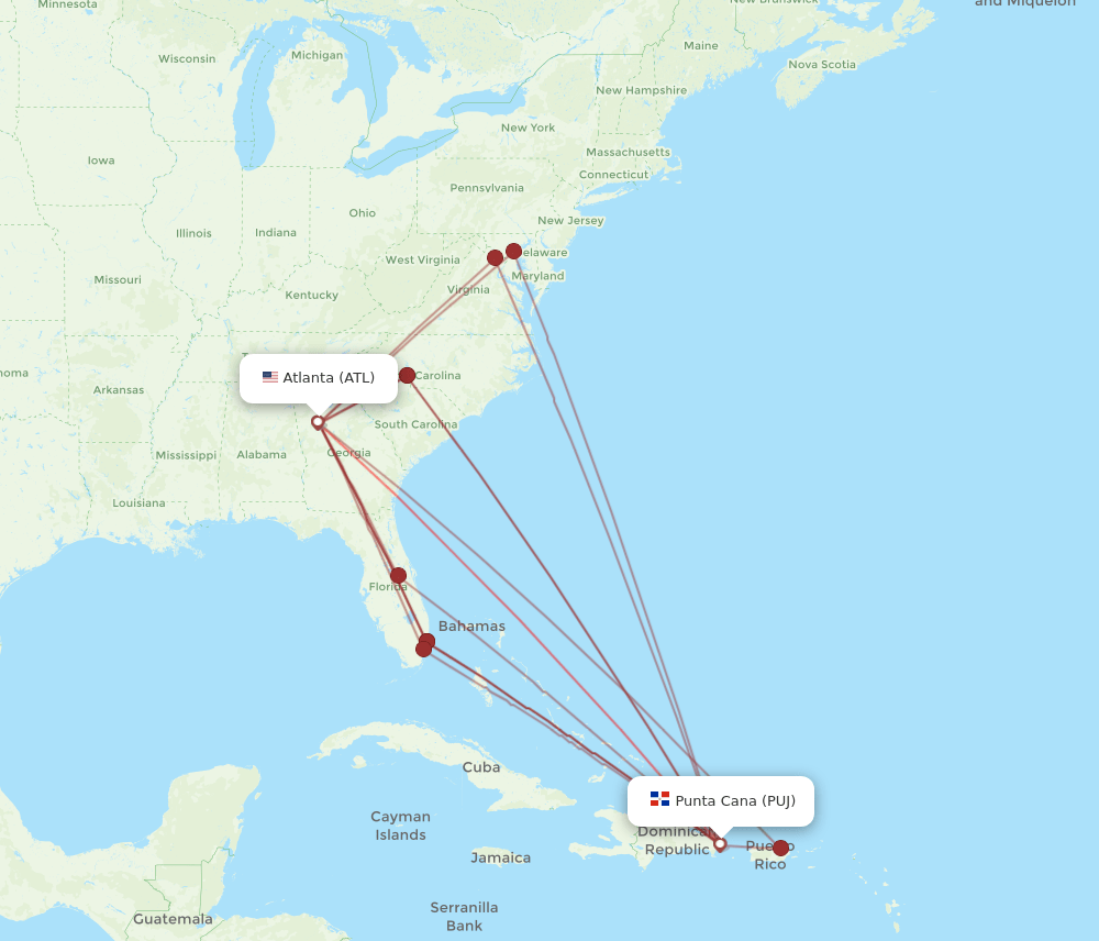 PUJ to ATL flights and routes map