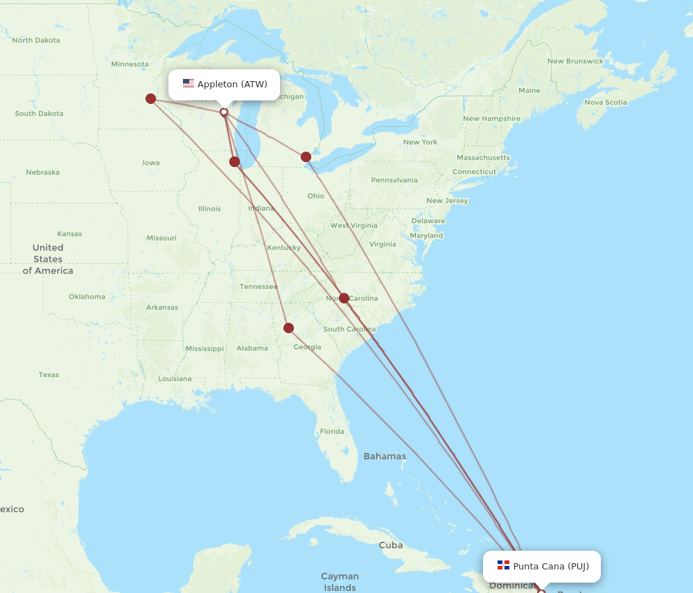 PUJ-ATW flight routes