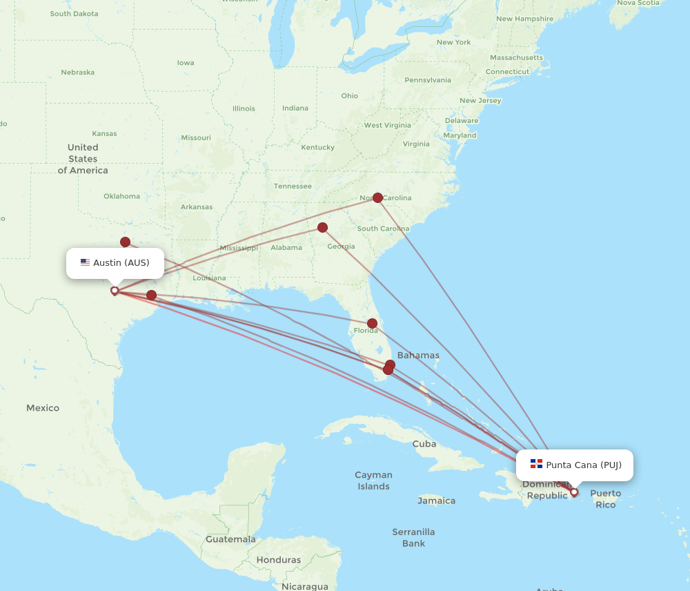PUJ to AUS flights and routes map