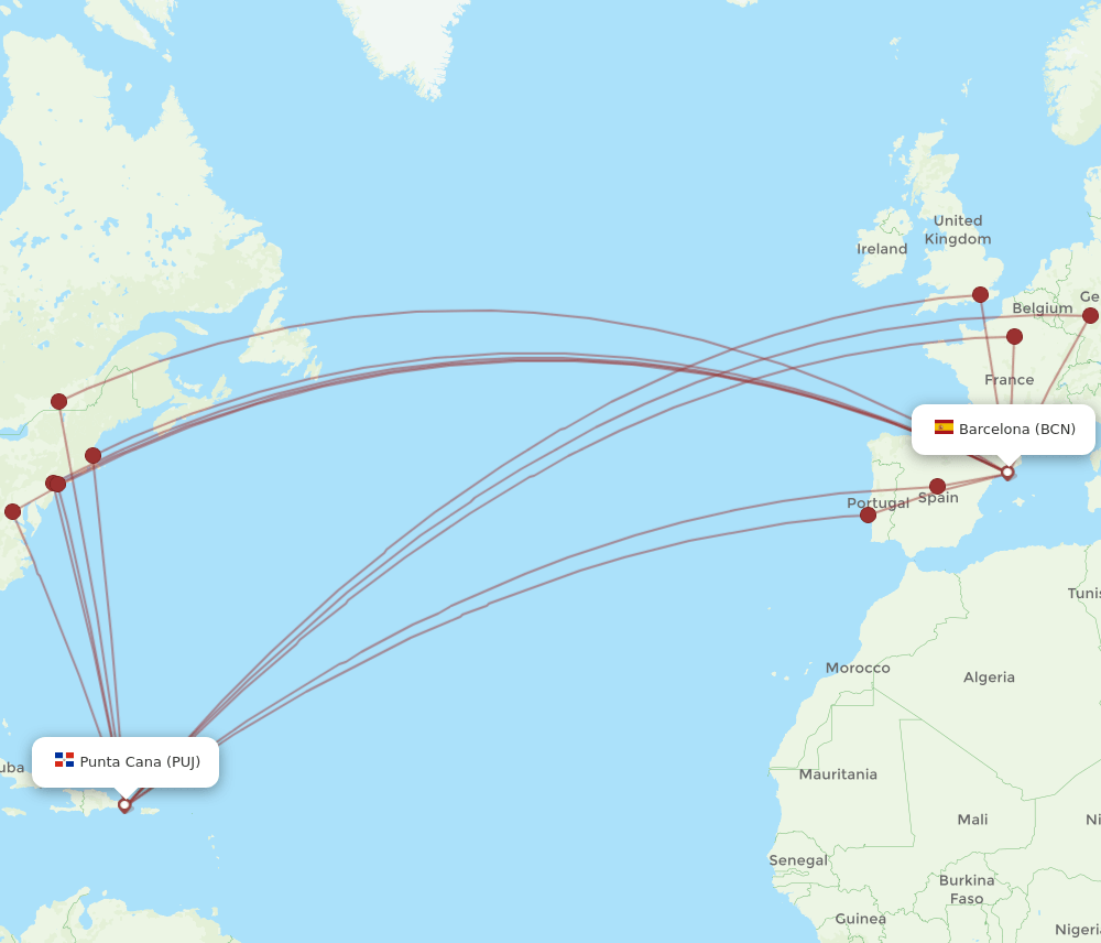 PUJ-BCN flight routes