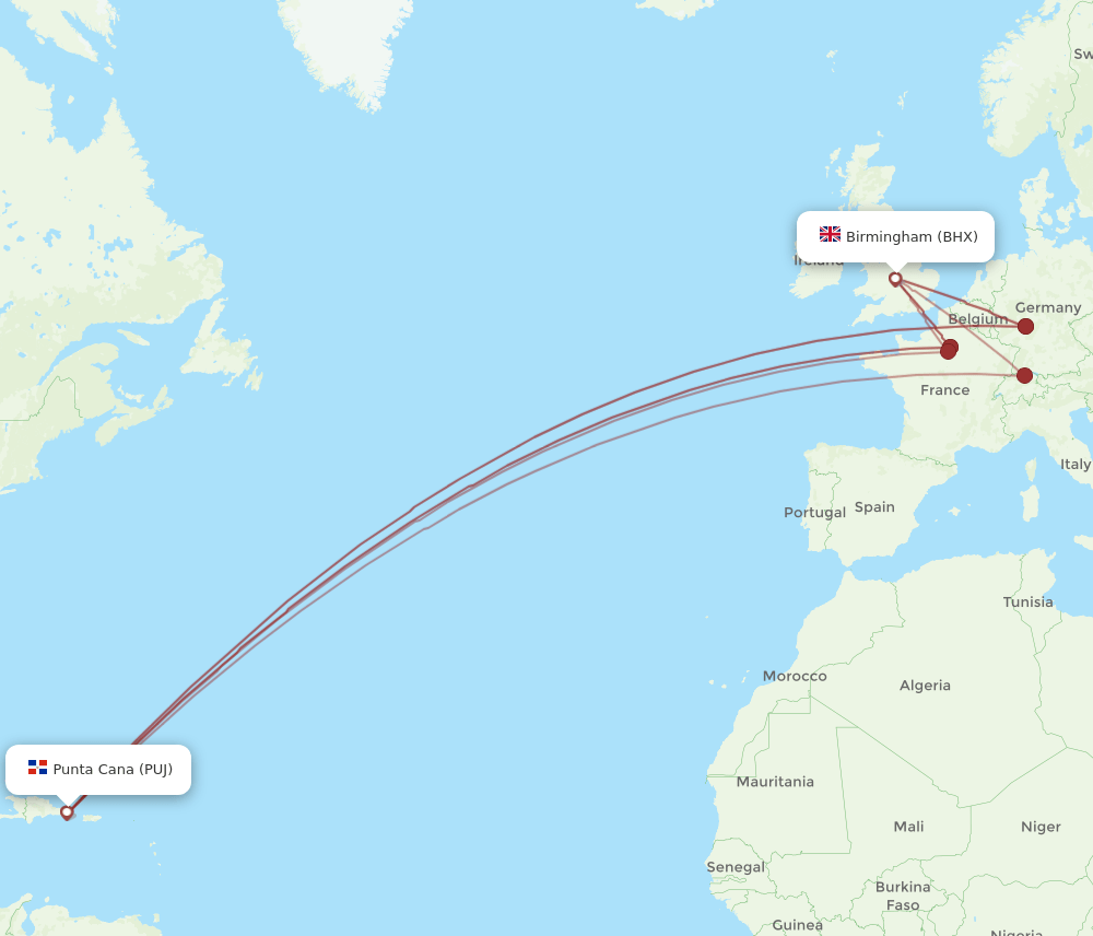 PUJ-BHX flight routes