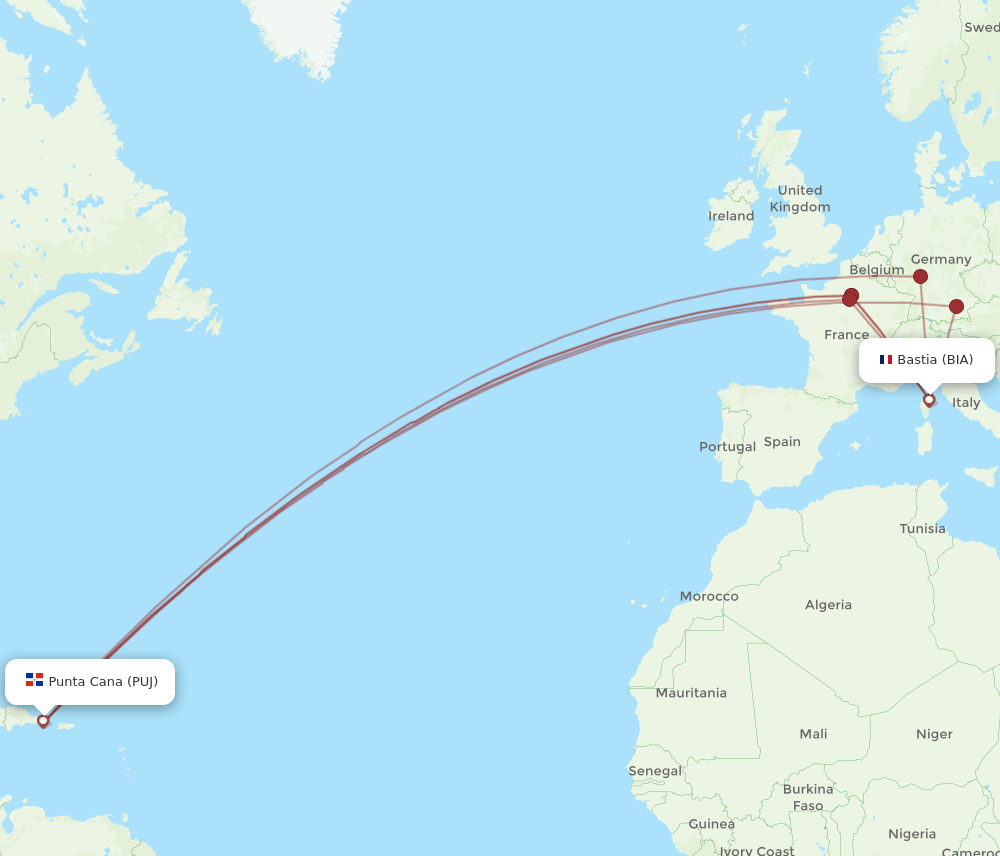 PUJ to BIA flights and routes map