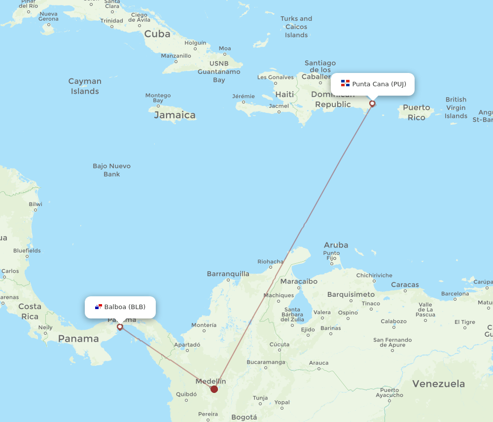 Balboa - Punta Cana route map and flight paths