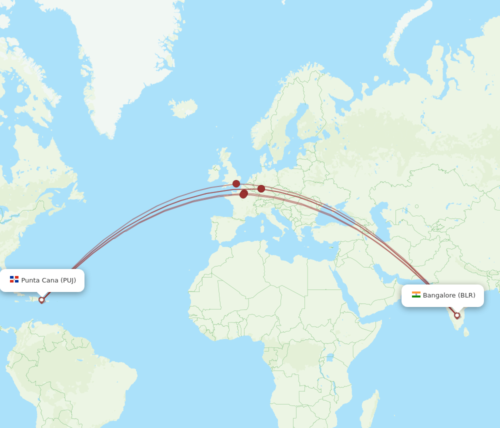 PUJ-BLR flight routes
