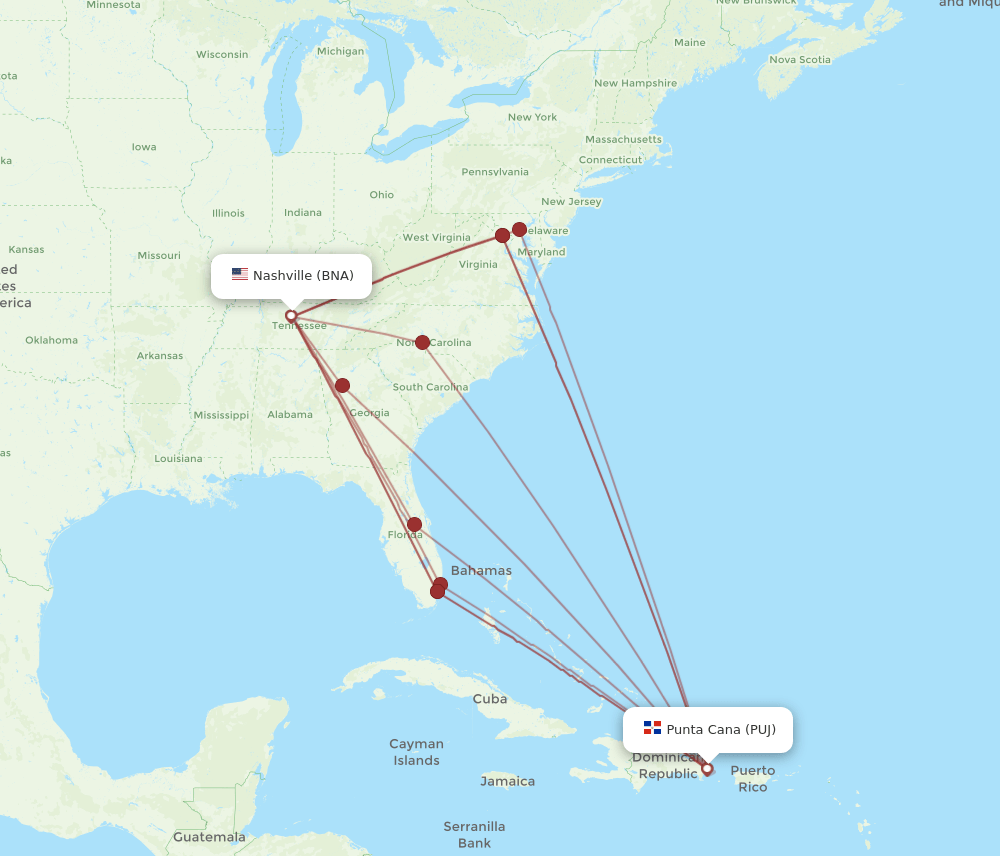 PUJ-BNA flight routes