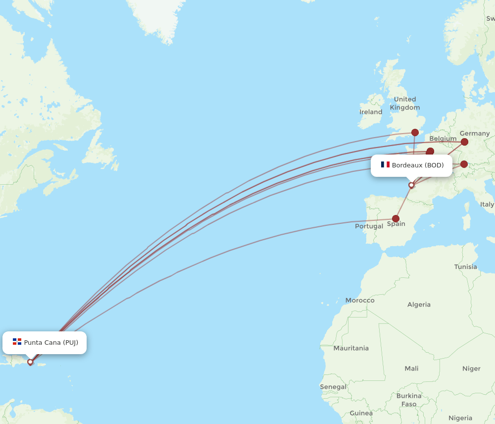 PUJ to BOD flights and routes map