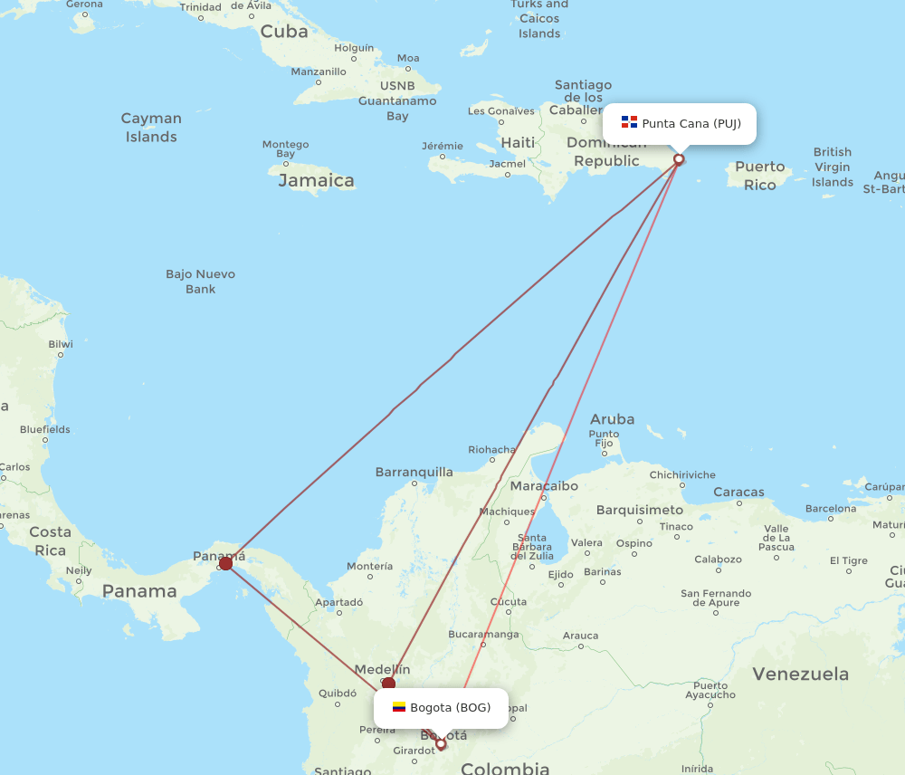 PUJ to BOG flights and routes map