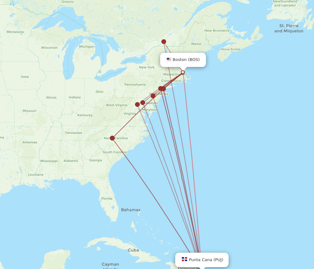 PUJ-BOS flight routes