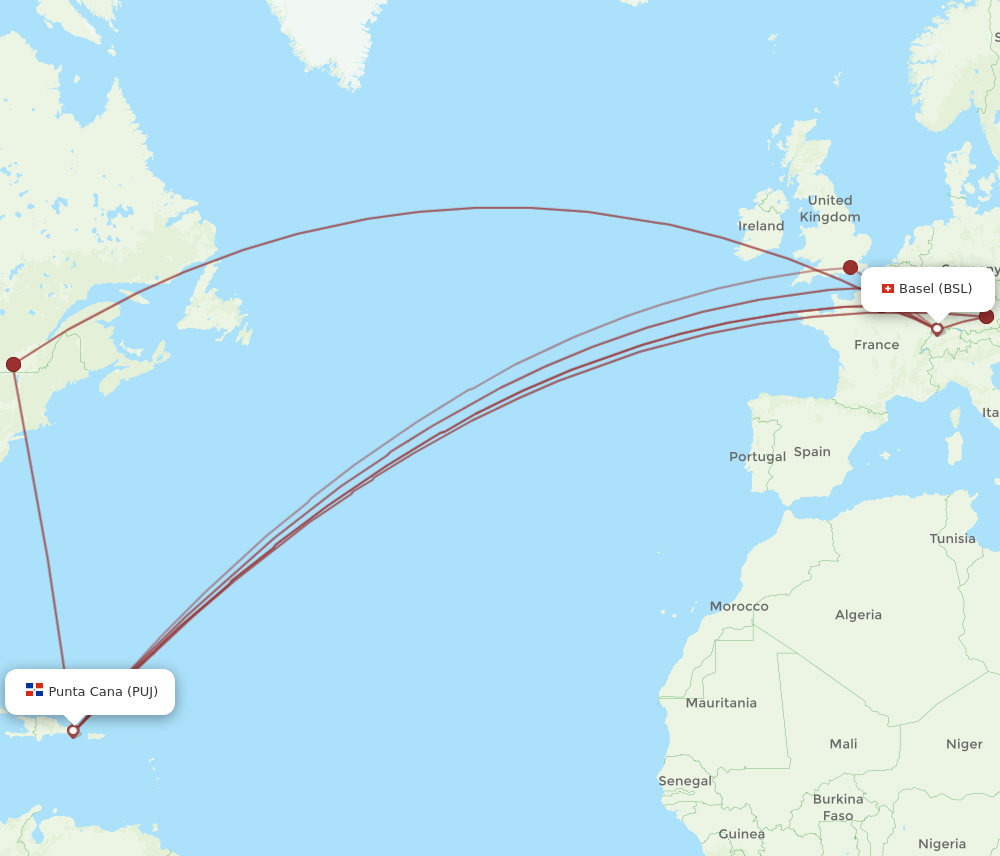PUJ to BSL flights and routes map