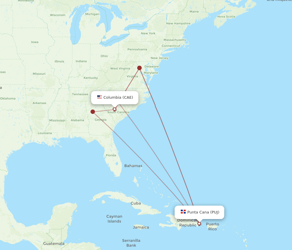 PUJ-CAE flight routes