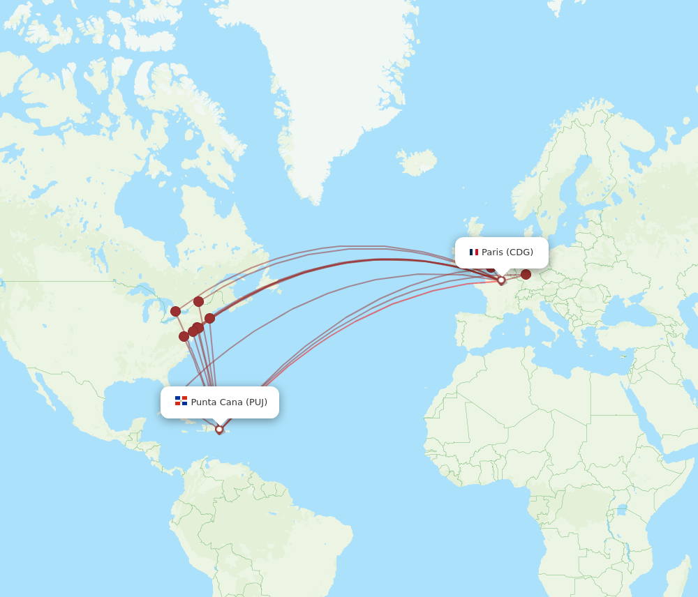 PUJ to CDG flights and routes map