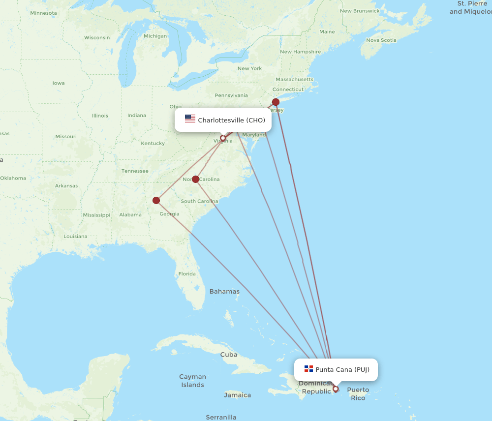 PUJ to CHO flights and routes map