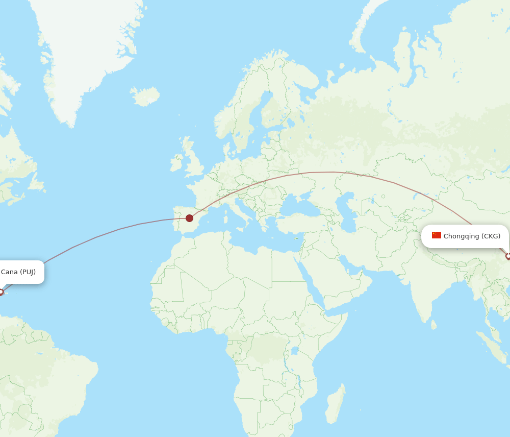 Punta Cana - Chongqing route map and flight paths