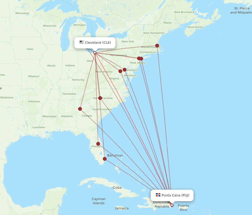 PUJ-CLE flight routes