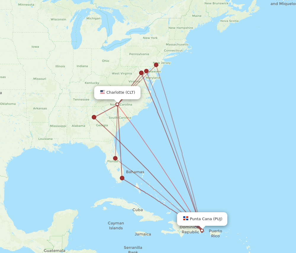 PUJ to CLT flights and routes map
