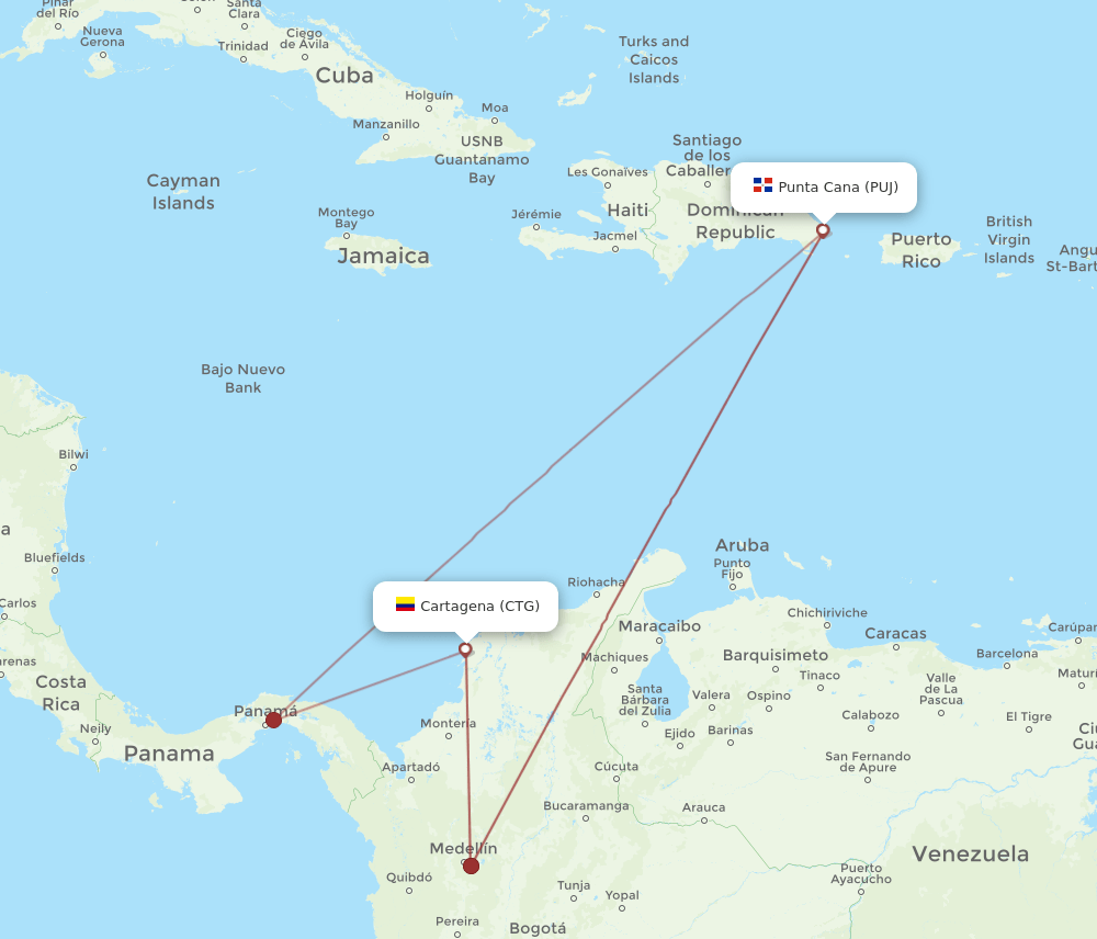 PUJ-CTG flight routes