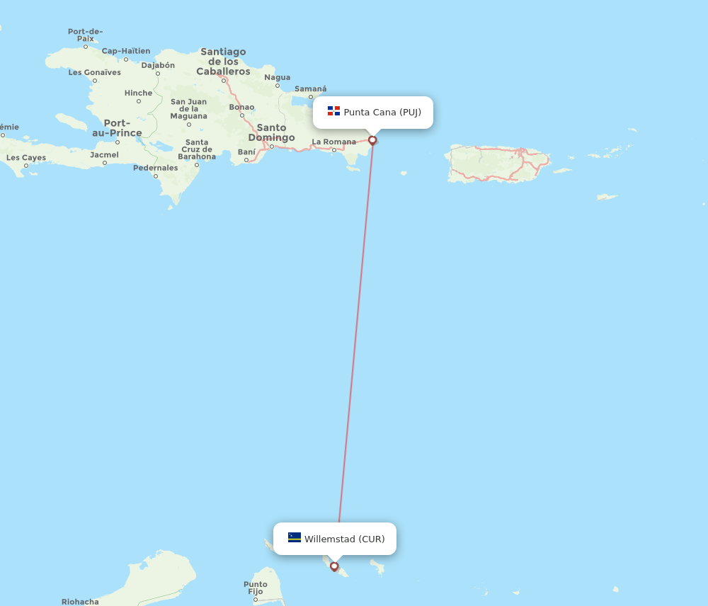 Curacao - Punta Cana route map and flight paths