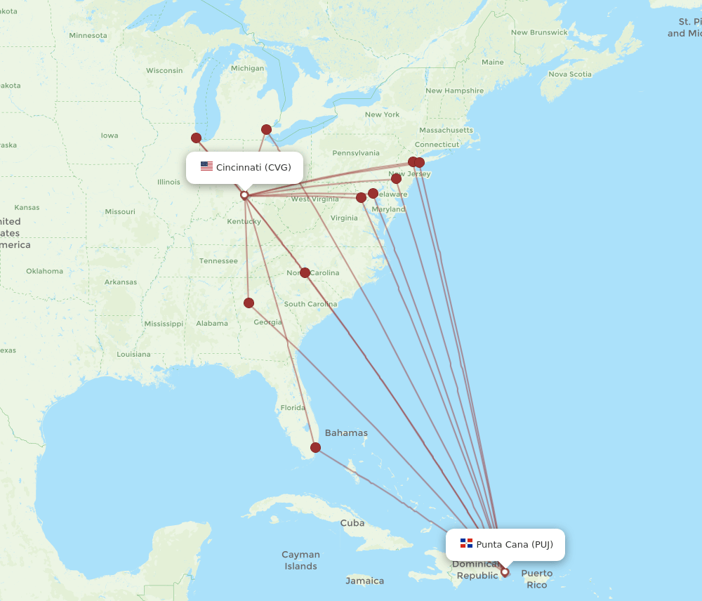 PUJ to CVG flights and routes map