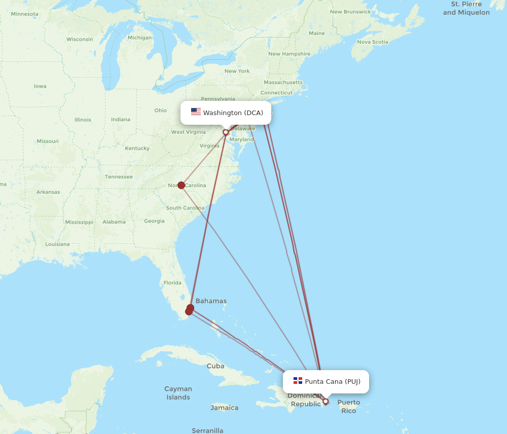 PUJ to DCA flights and routes map