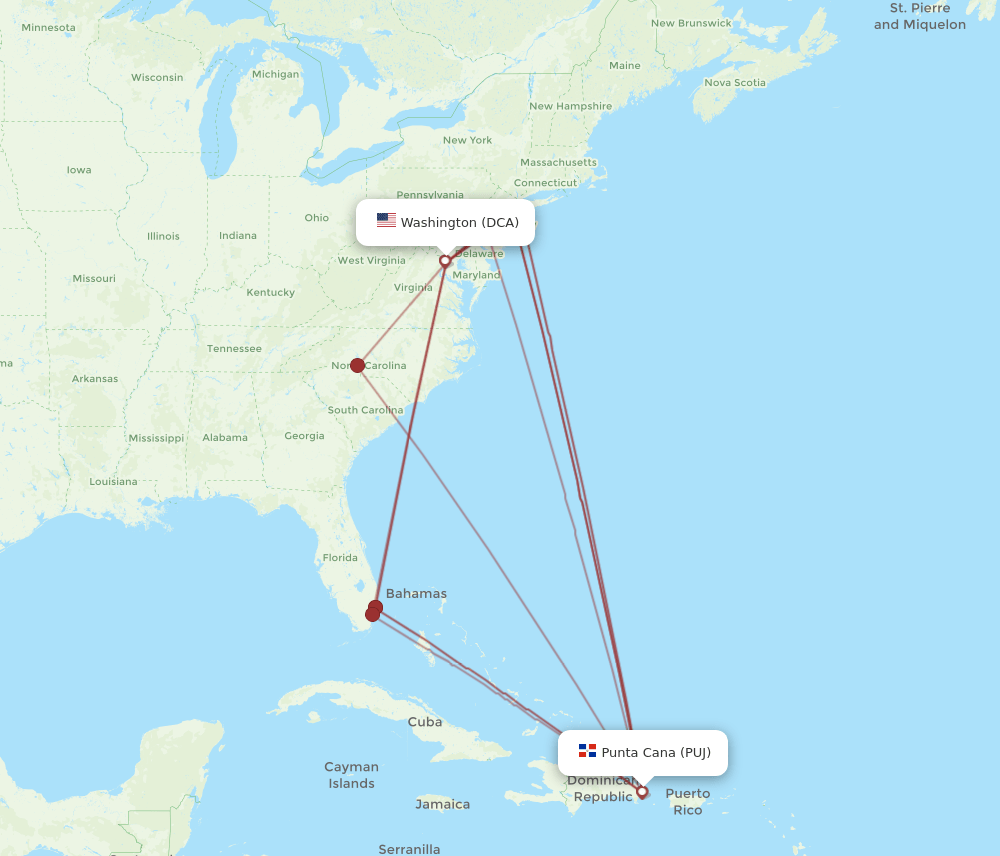 PUJ-DCA flight routes
